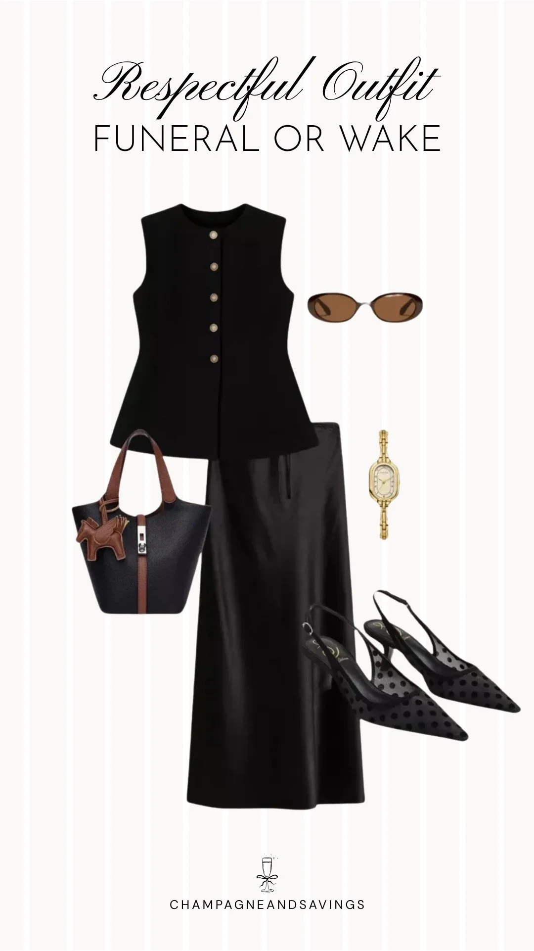 A respectful outfit idea for a funeral or wake featuring a black button front top, a black silky maxi skirt, and accompanying accessories.