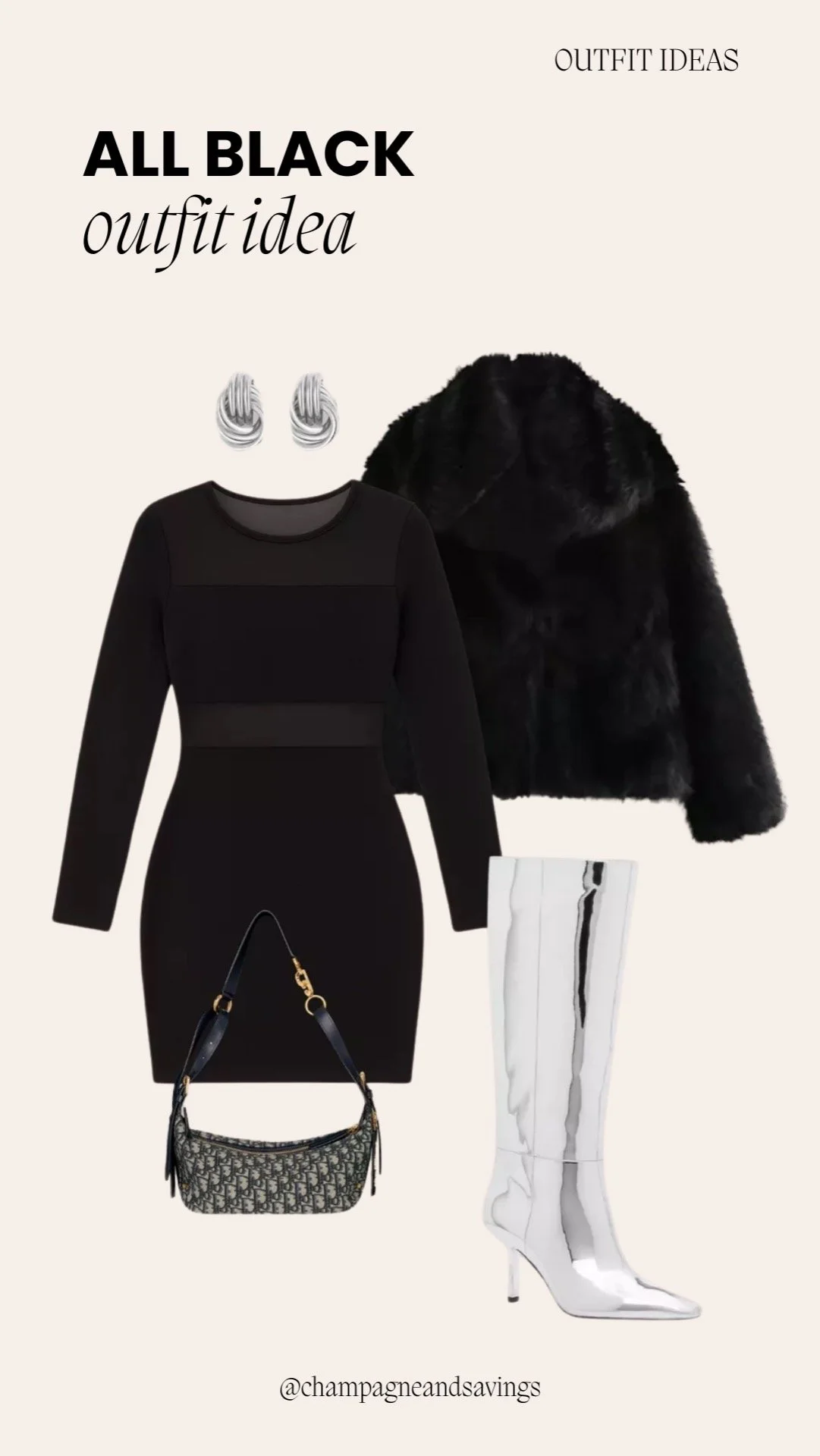 Outfit collage showing a cute and comfy all-black outfit idea with a long sleeve mini dress, faux fur, and statement boots.