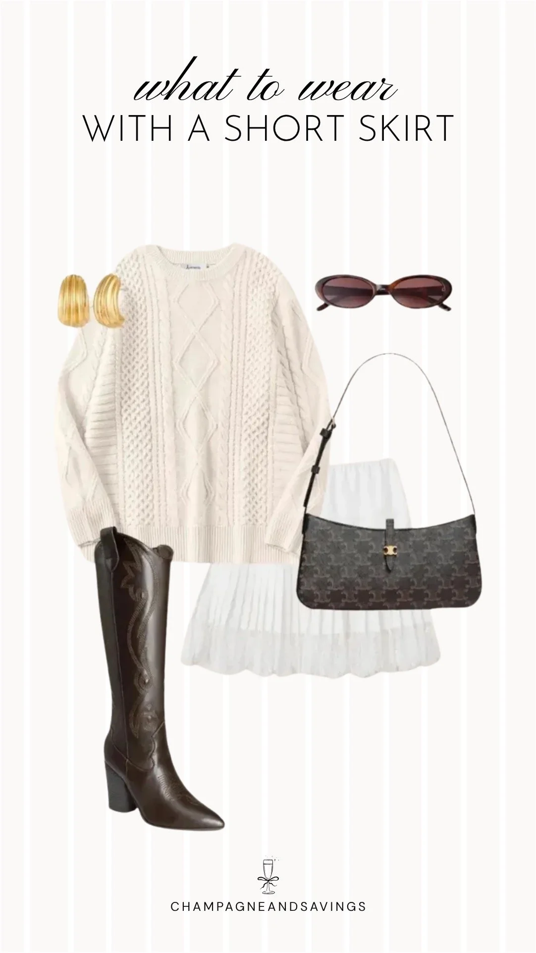 Collage of outfit pieces featuring a short skirt styled with a cable knit sweater and tall boots for a cozy, chic outfit idea.