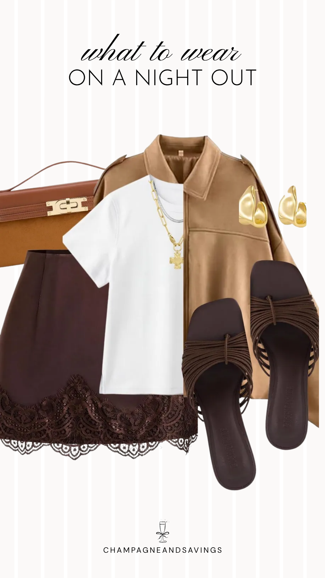 Fall going out outfit idea featuring a camel jacket layered over a lace hem skirt with strappy sandals, styled in a collage of outfit pieces for an on-trend autumn night out look.