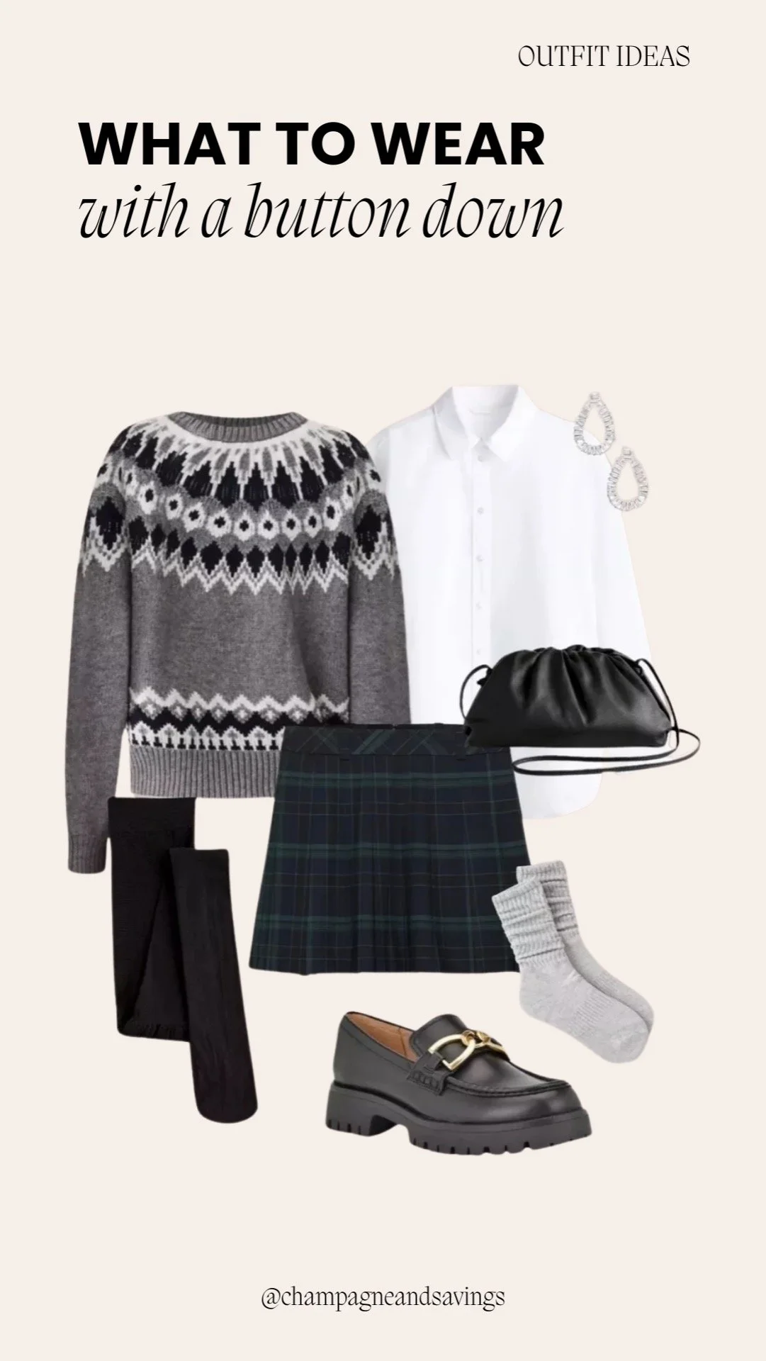Button down shirt outfit idea featuring a plaid skirt styled with a button-down shirt and a Fair Isle sweater, shown in a collage of outfit pieces.