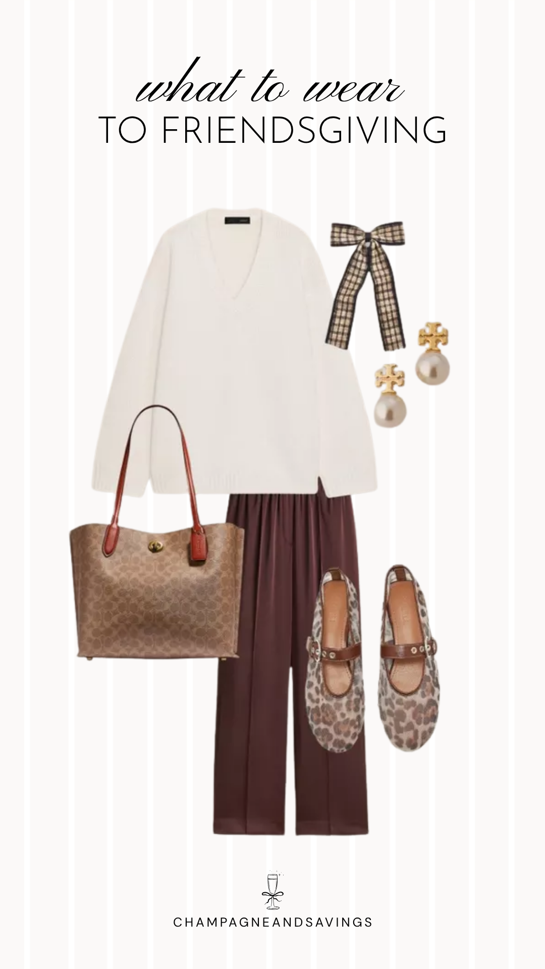 Friendsgiving outfit idea featuring a white sweater paired with brown trousers and leopard flats, styled together in a cozy fall fashion collage that's perfect for a casual yet polished holiday gathering.