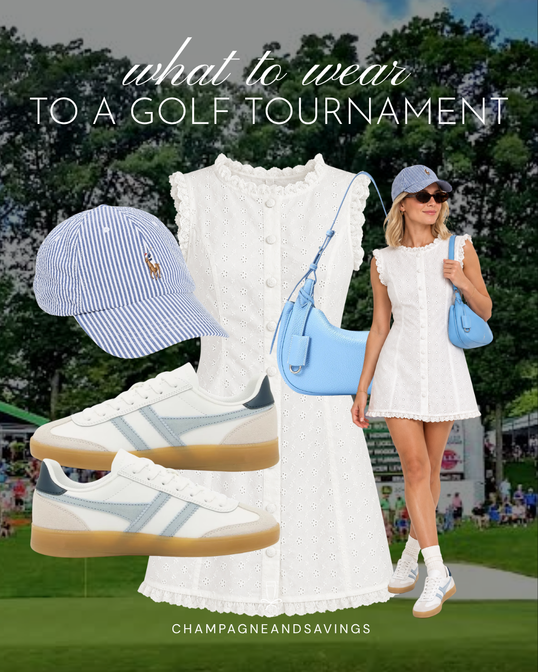 Cute golf tournament spectator outfit idea featuring a white eyelet mini dress with blue accessories, shown in a collage of outfit pieces for a stylish day on the course.