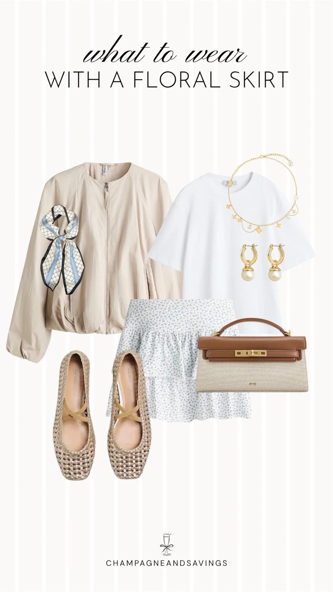 Collage of outfit pieces featuring a floral skirt styled with a bomber jacket and woven flats for a sporty, modern outfit