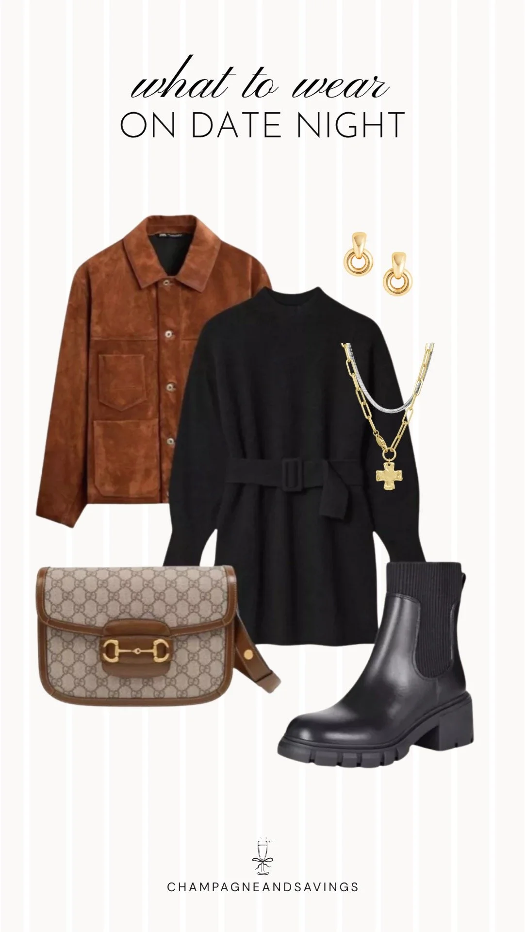 Collage of outfit pieces featuring a black sweater dress styled with a suede shacket and Chelsea boots for a cozy and chic fall date night outfit idea.