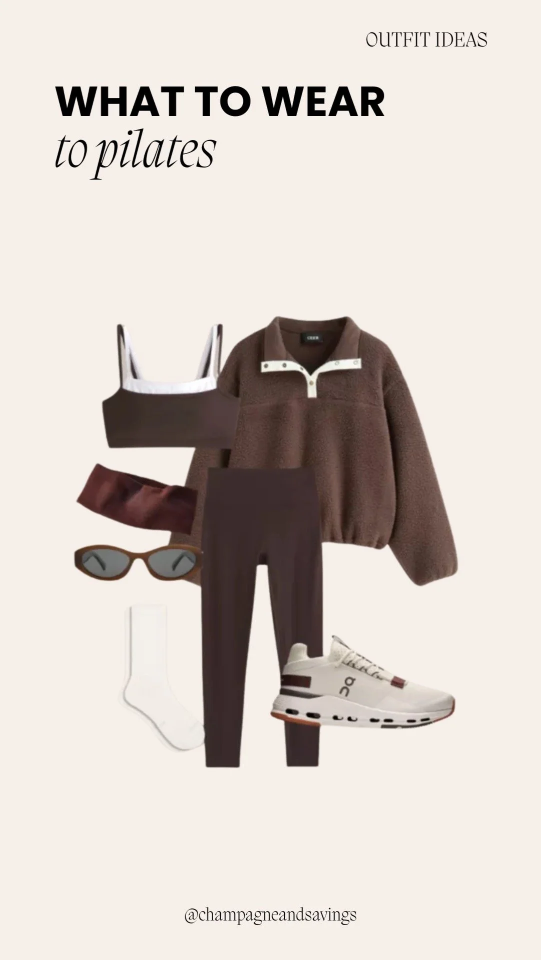 Flat lay of a chocolate brown cozy Pilates outfit with leggings and a sherpa jacket.