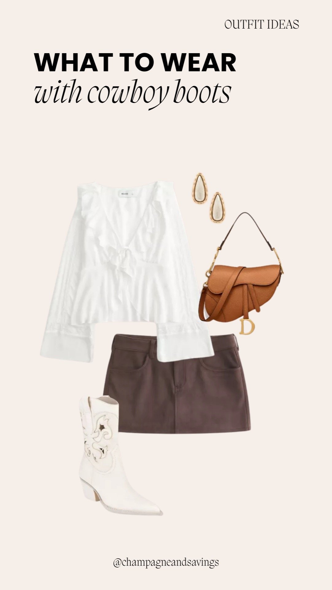 Outfit featuring cowboy boots styled with a mini skirt and long sleeve top