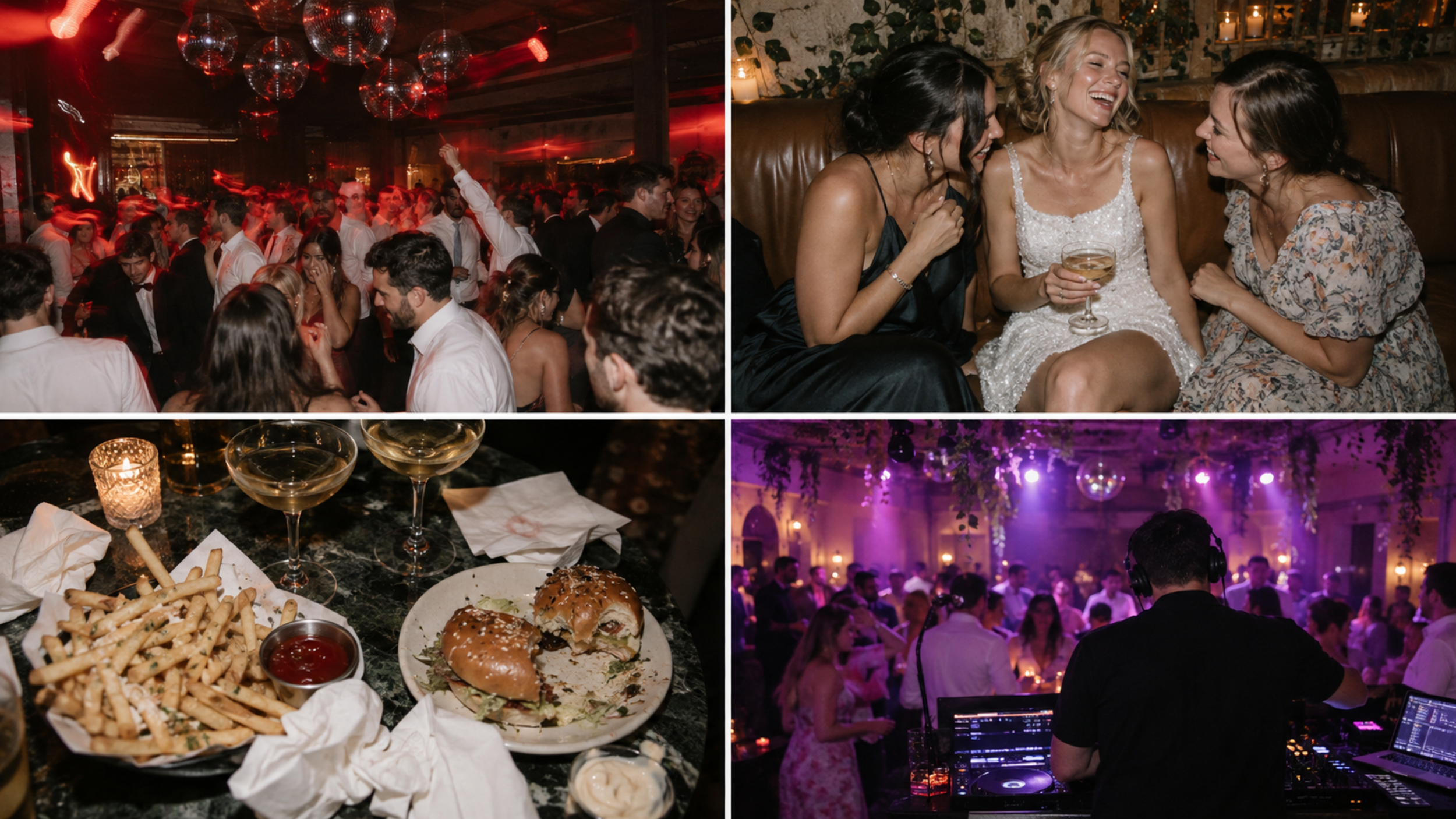 Wedding after-party collage featuring a disco-ball dance floor, a bride in a sequined mini dress, late-night burgers and fries, and a DJ.