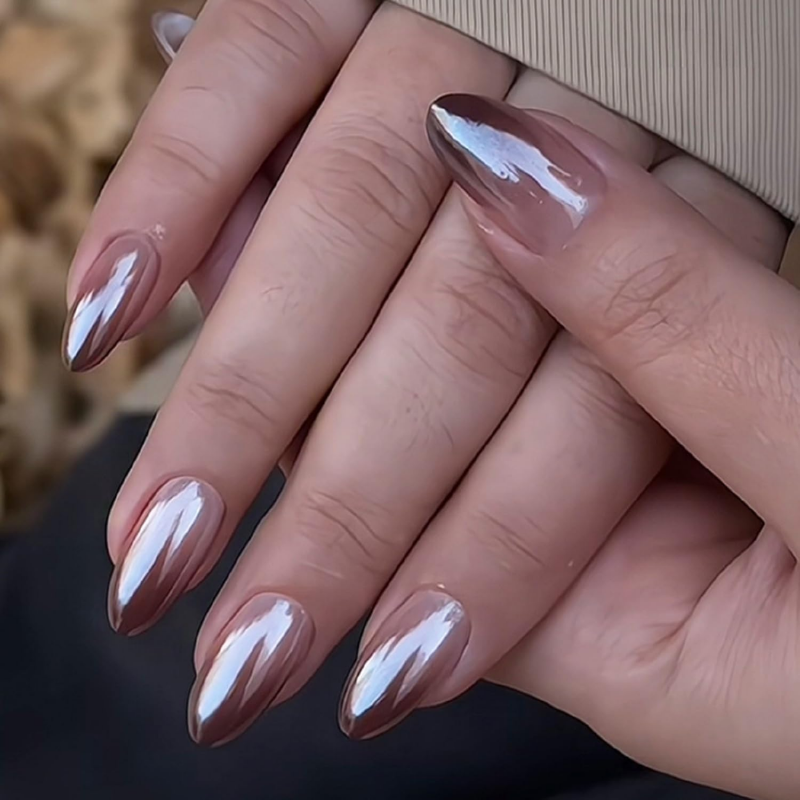 Fall chrome nail idea featuring rose taupe mirror polish