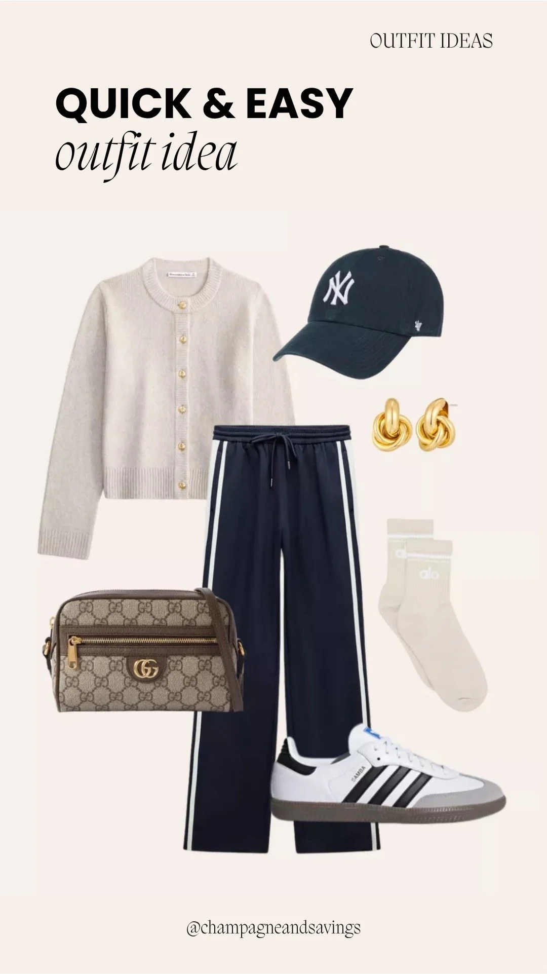 Collage of outfit pieces featuring a cream cardigan, track pants, and Sambas for a cozy, sporty-chic look.