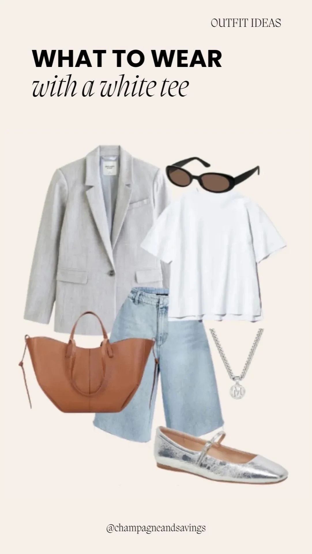 Plain white t-shirt styled with a blazer and denim shorts for a chic, casual, and effortlessly layered outfit.