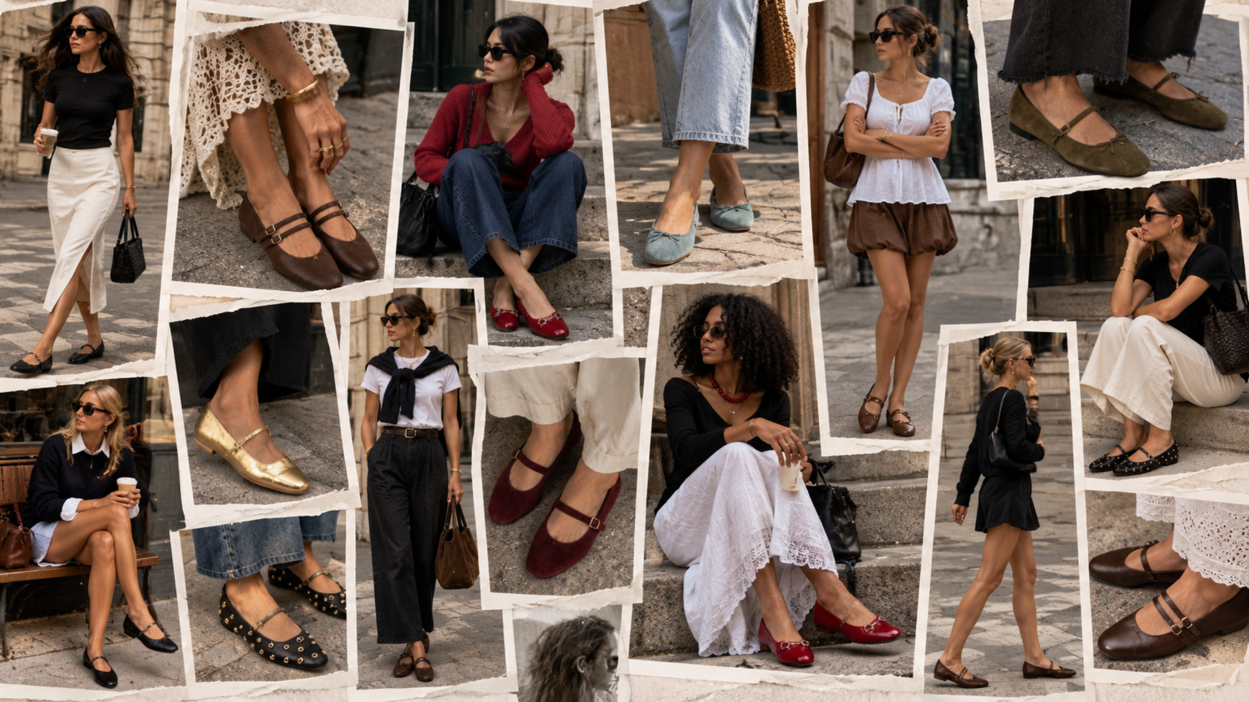 Collage featuring ballet flats styled in trendy millennial-inspired outfits for 2027.