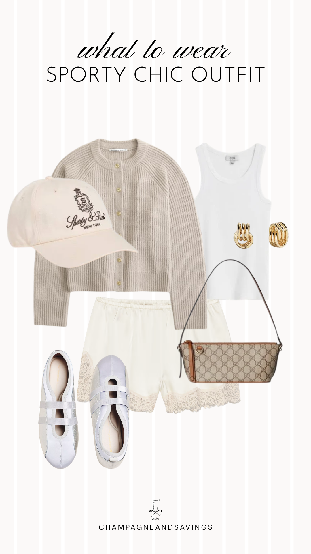 Collage of sporty chic outfit pieces featuring a button cardigan paired with lace shorts and Mary Jane sneakers for a casual yet stylish everyday look.