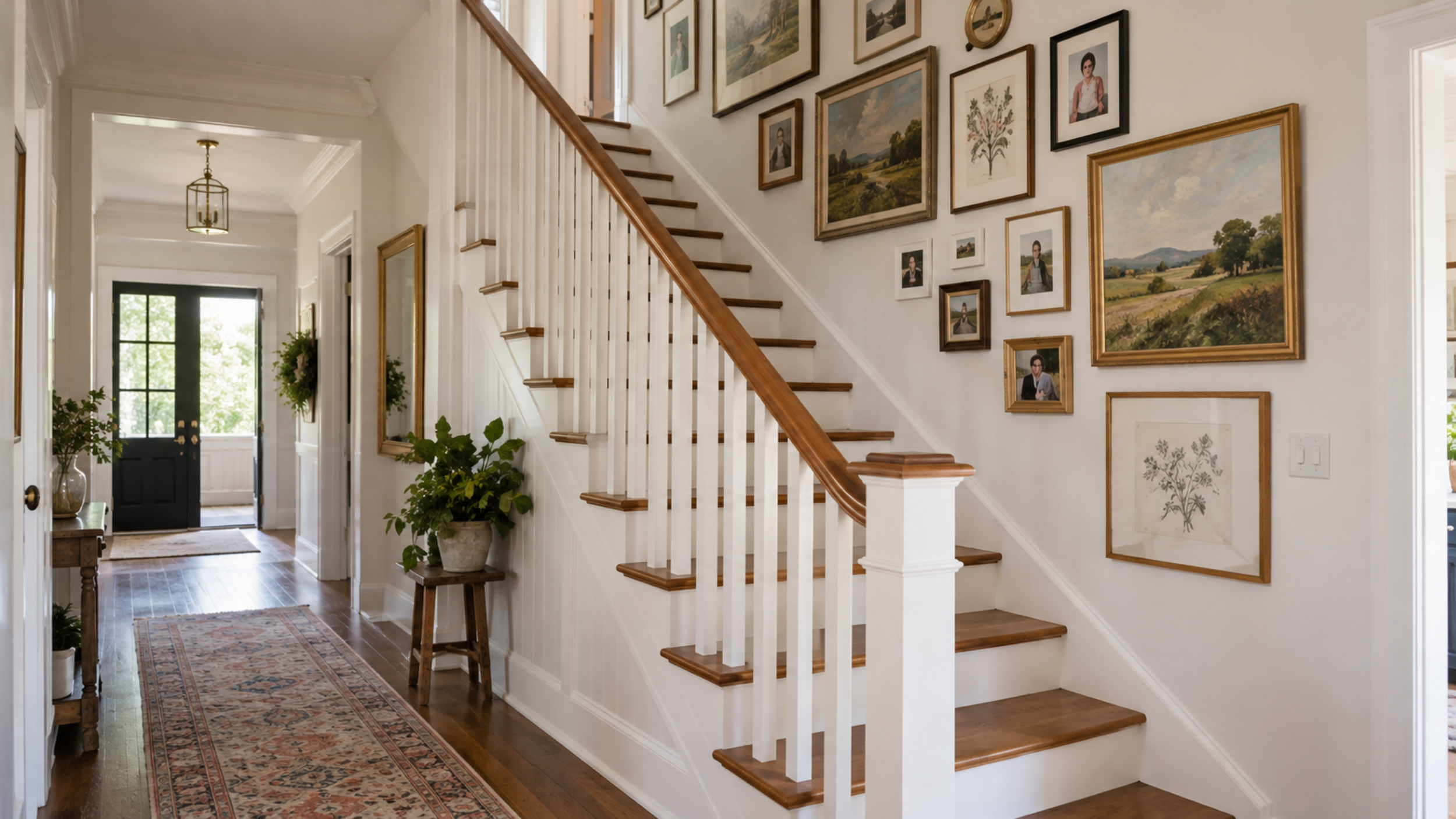 Eclectic gallery wall along a stairway with antique oil paintings, mixed frames, and personal photographs