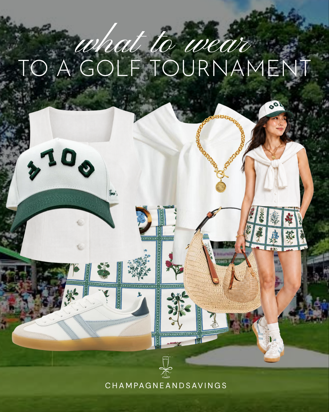 Cute golf tournament spectator outfit idea featuring a printed skort and button-front top, shown in a collage of outfit pieces for a stylish day on the course.