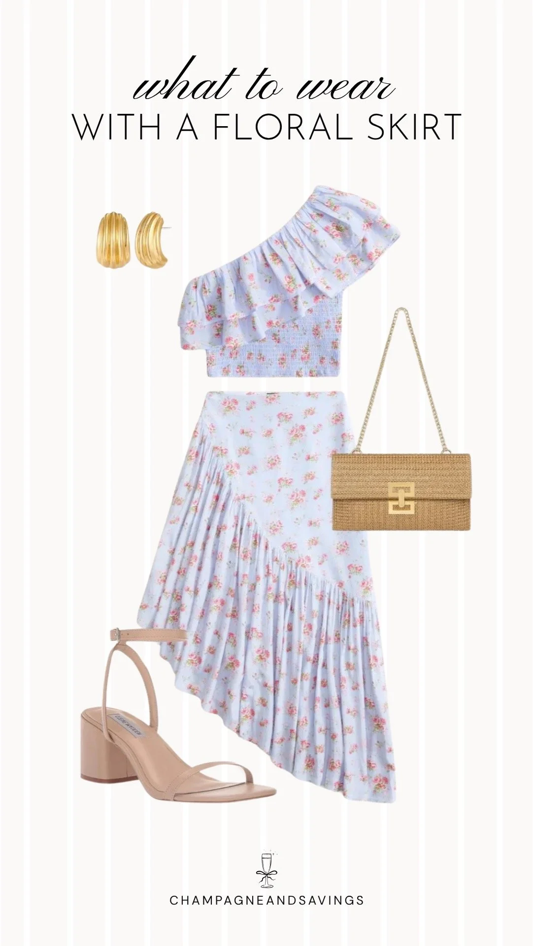 Collage of outfit pieces featuring a floral skirt and matching top set styled with strappy heels for a chic, coordinated outfit