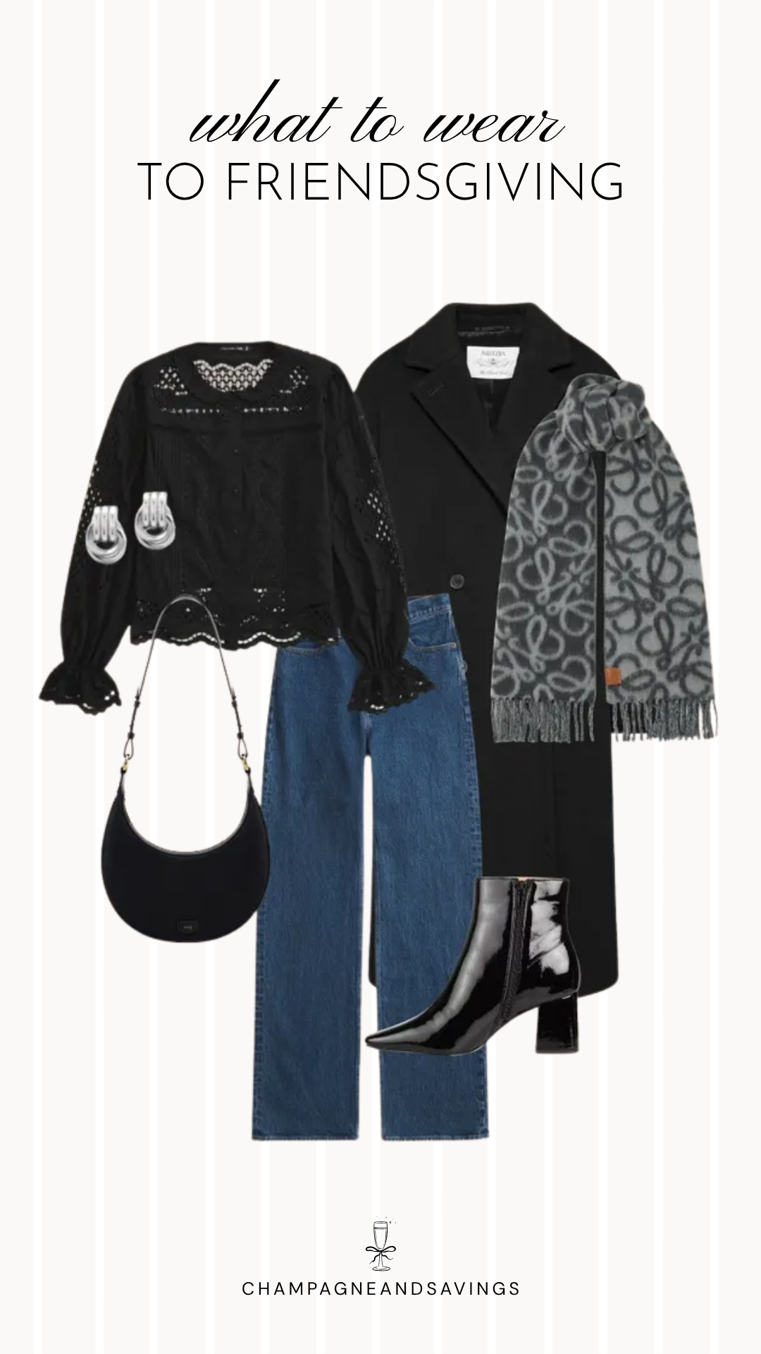 Friendsgiving outfit idea featuring a black lace blouse styled with a wool coat, plaid scarf, and classic denim, shown in a fall fashion collage that's perfect for a cozy and stylish holiday gathering.
