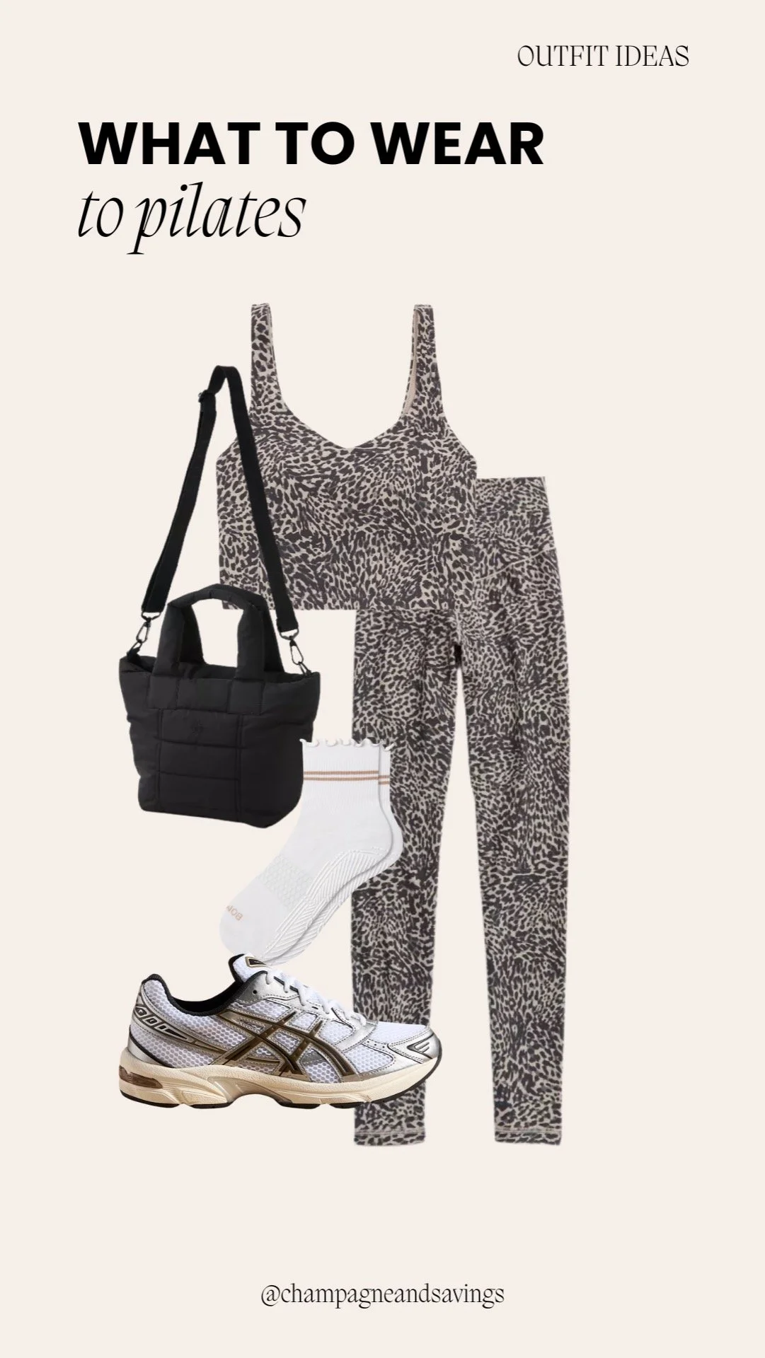 Collage of a leopard print Pilates outfit with matching top and leggings.