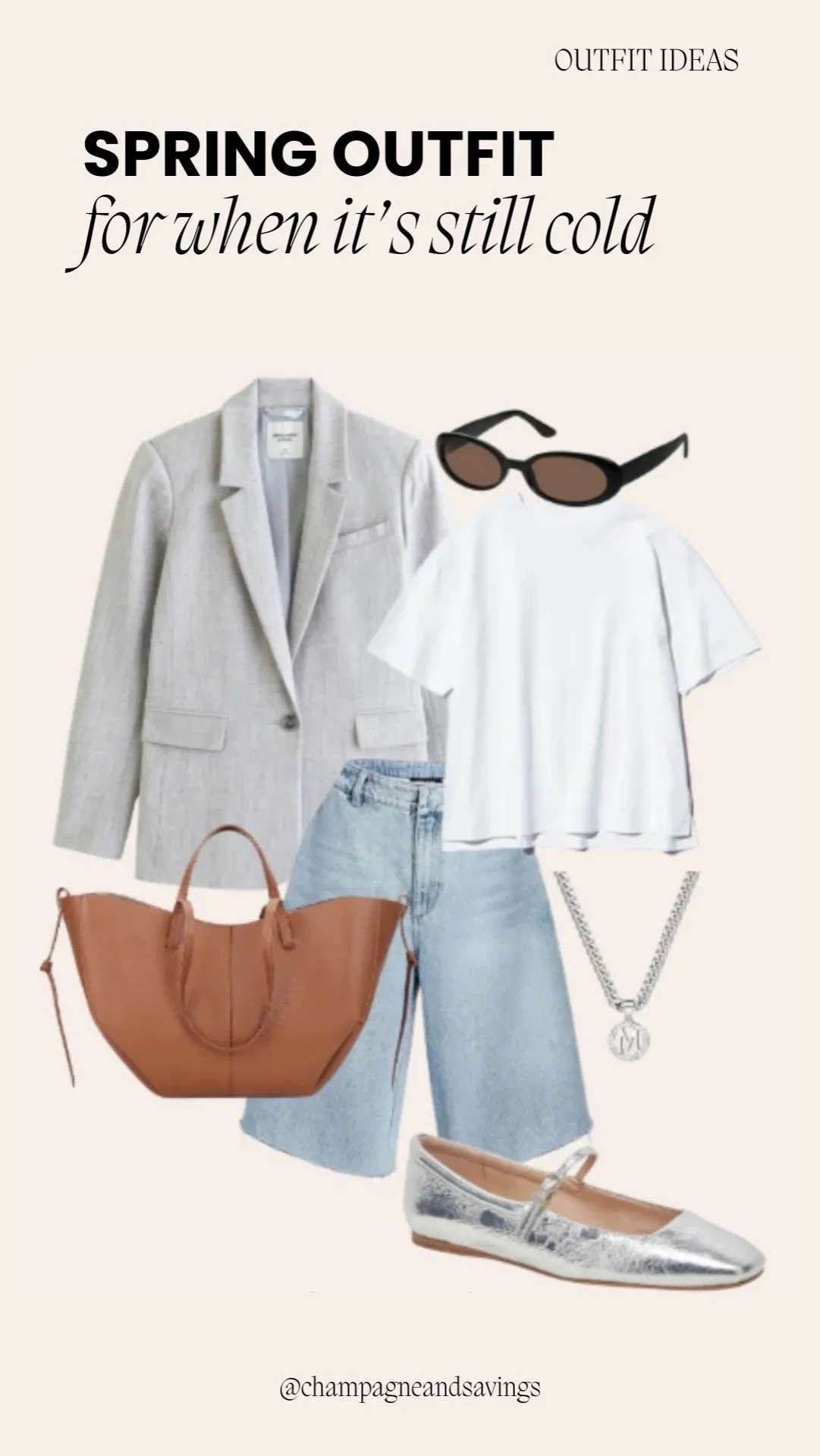 Relaxed blazer outfit styled with denim shorts and casual accessories for a chic spring look.