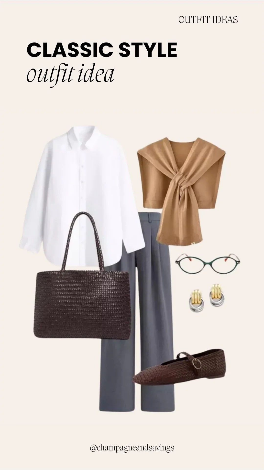 Image of a classic outfit collage featuring a white button down layered with a camel sweater and grey trousers styled together with coordinating accessories arranged as outfit pieces
