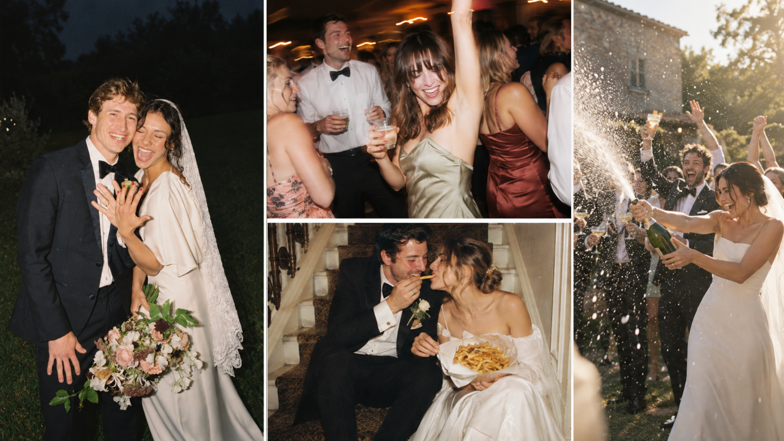 Film-inspired wedding photography collage featuring laughing newlyweds, dancing guests, a couple sharing fries, and a champagne spray celebration.