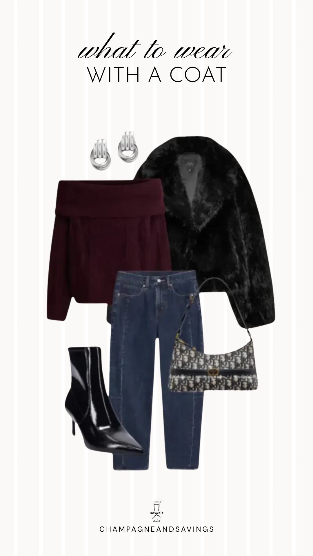 Coat styling idea featuring a burgundy sweater paired with a faux fur coat and jeans, shown in a fall fashion collage with coordinated outfit pieces for a cozy and stylish layered look.