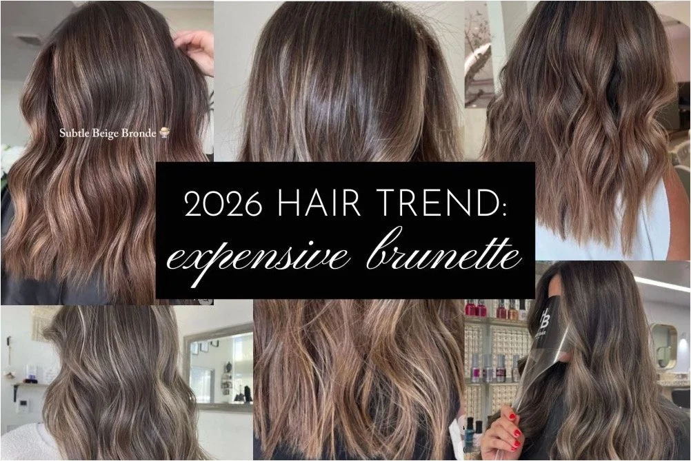 collage of the 2026 hair trend: expensive brunette