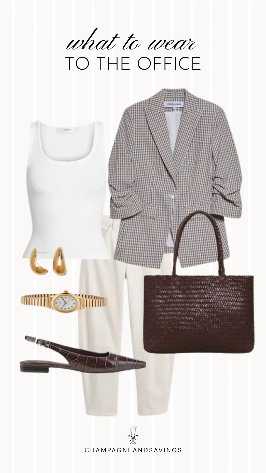 Collage of outfit pieces featuring a check blazer layered over a white tank and paired with cream pants for a polished fall outfit with a timeless, professional look.