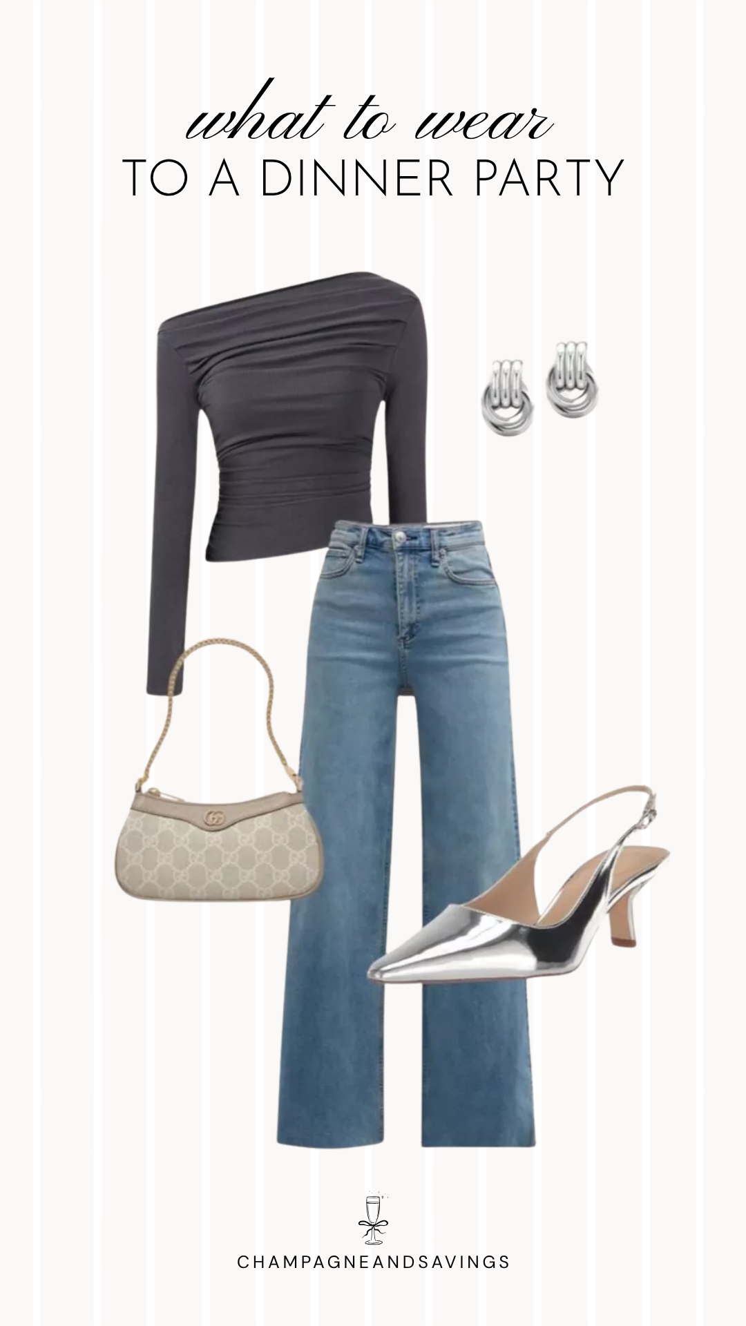 A dinner party outfit idea featuring a one shoulder top paired with metallic heels for a chic, elevated fall look that's perfect for holiday dinners, celebrations, or a night of entertaining.
