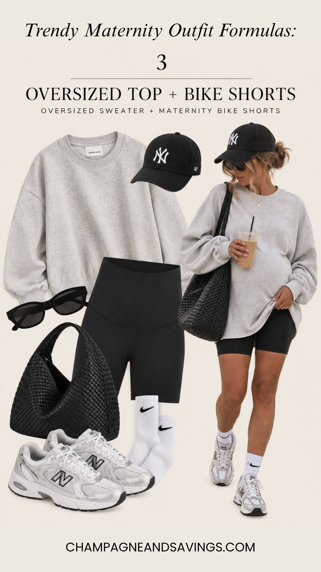 Oversized top with bike shorts or leggings pregnancy outfit formula featuring a collage of outfit pieces and a styled look for a trendy pregnancy outfit.