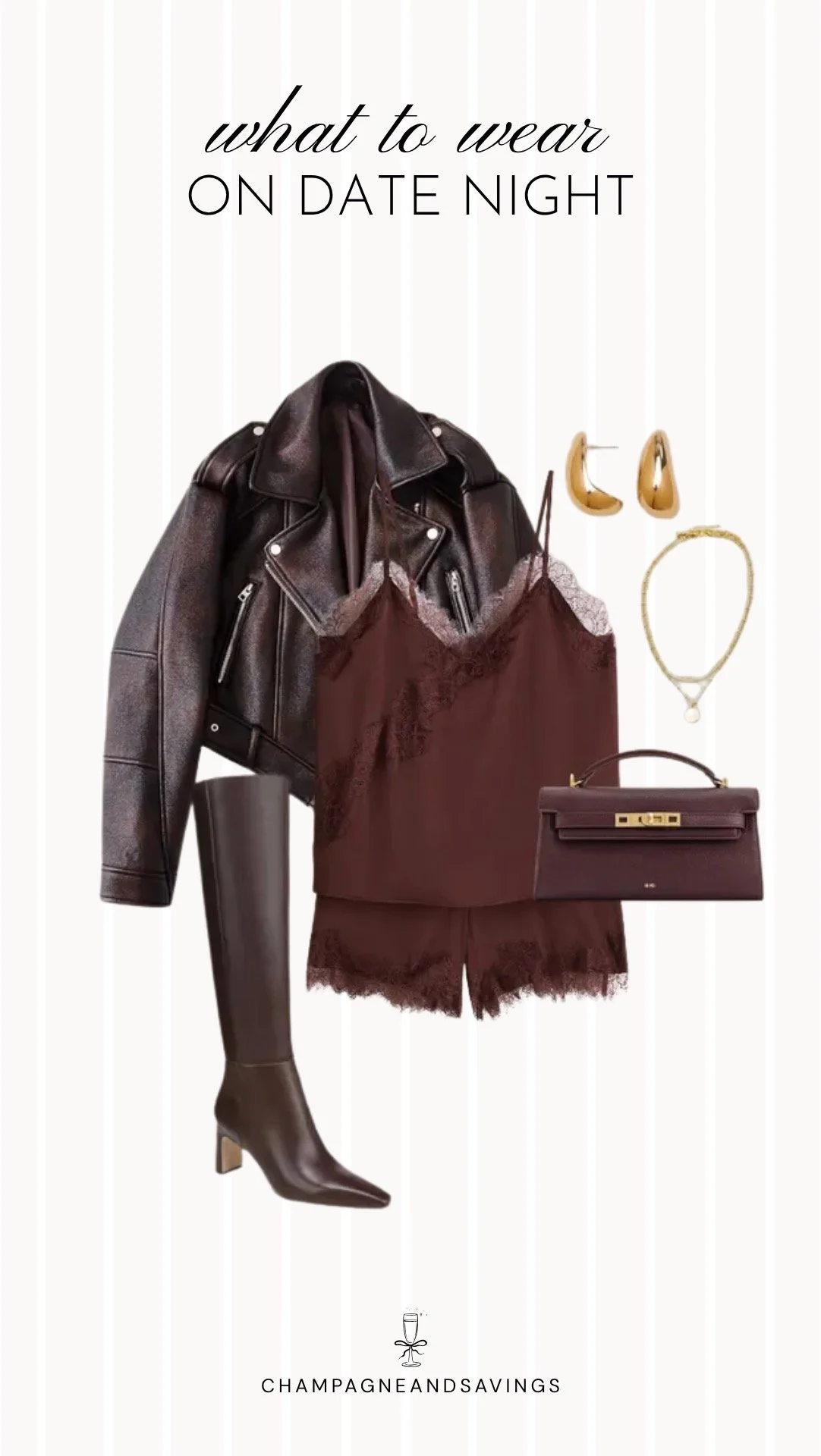 Collage of outfit pieces featuring a satin matching set styled with a leather moto jacket and knee high boots for an edgy and chic fall date night outfit idea.