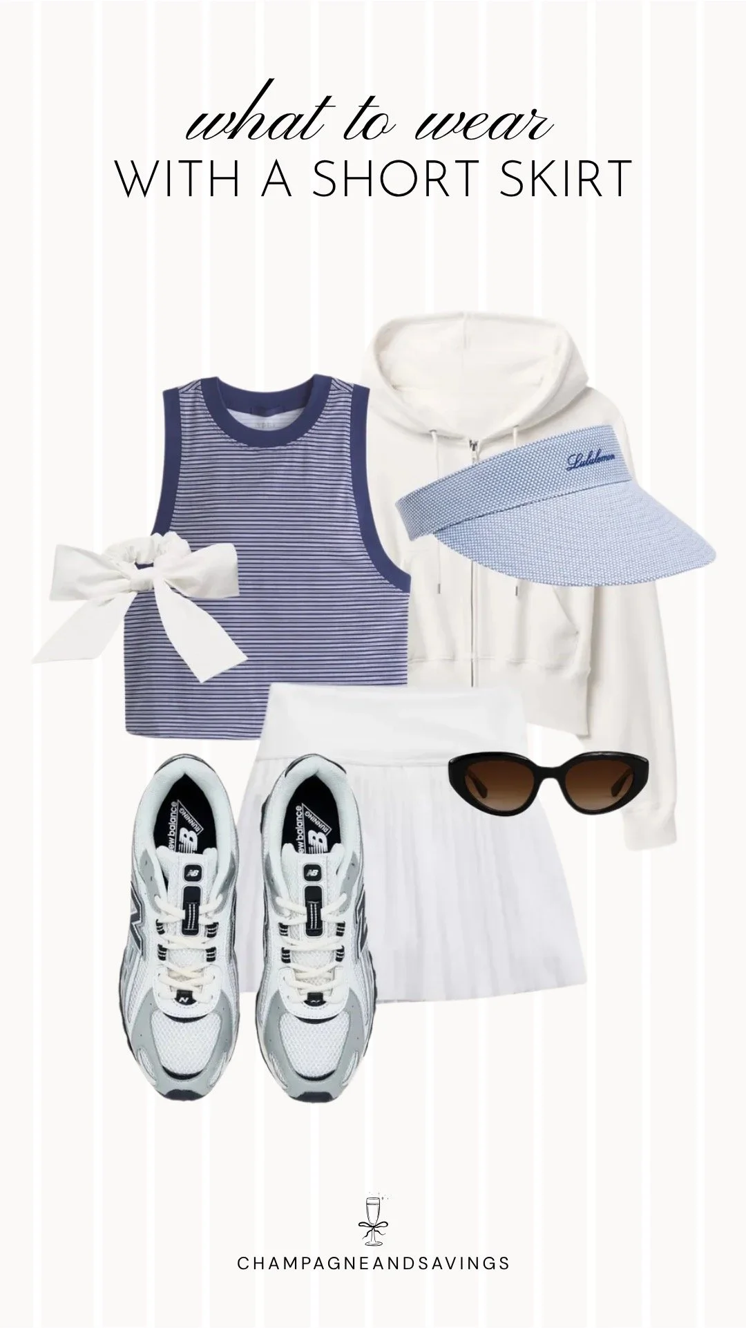 Collage of outfit pieces featuring a short skirt styled with a striped tank and hoodie for a sporty, casual outfit idea.