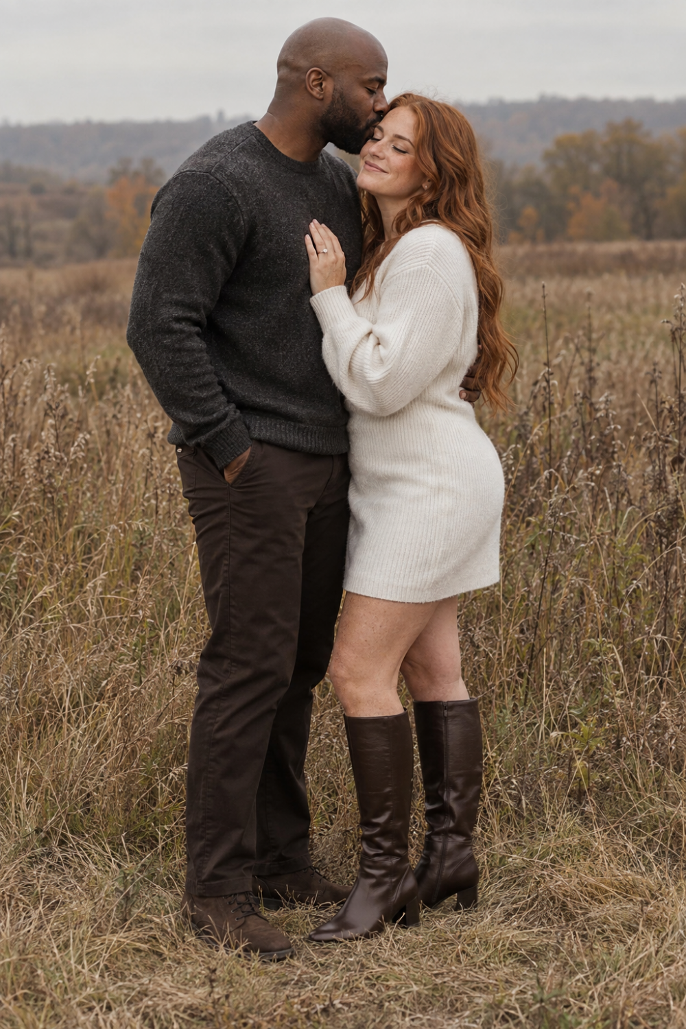 White engagement photo outfit idea featuring a white sweater mini dress and knee high boots.