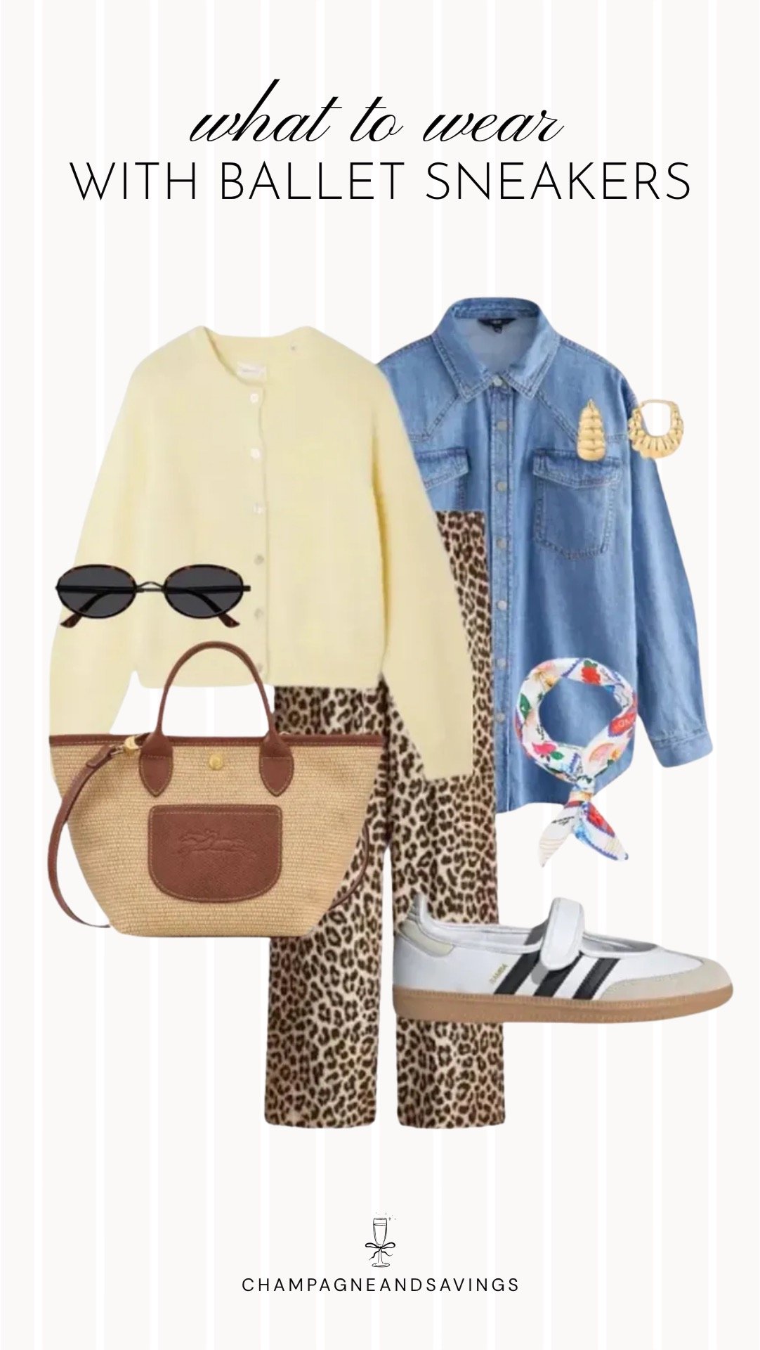 Collage of outfit pieces featuring ballet sneakers paired with leopard print pants and a pastel cardigan for a playful outfit that mixes bold patterns with soft, feminine touches.