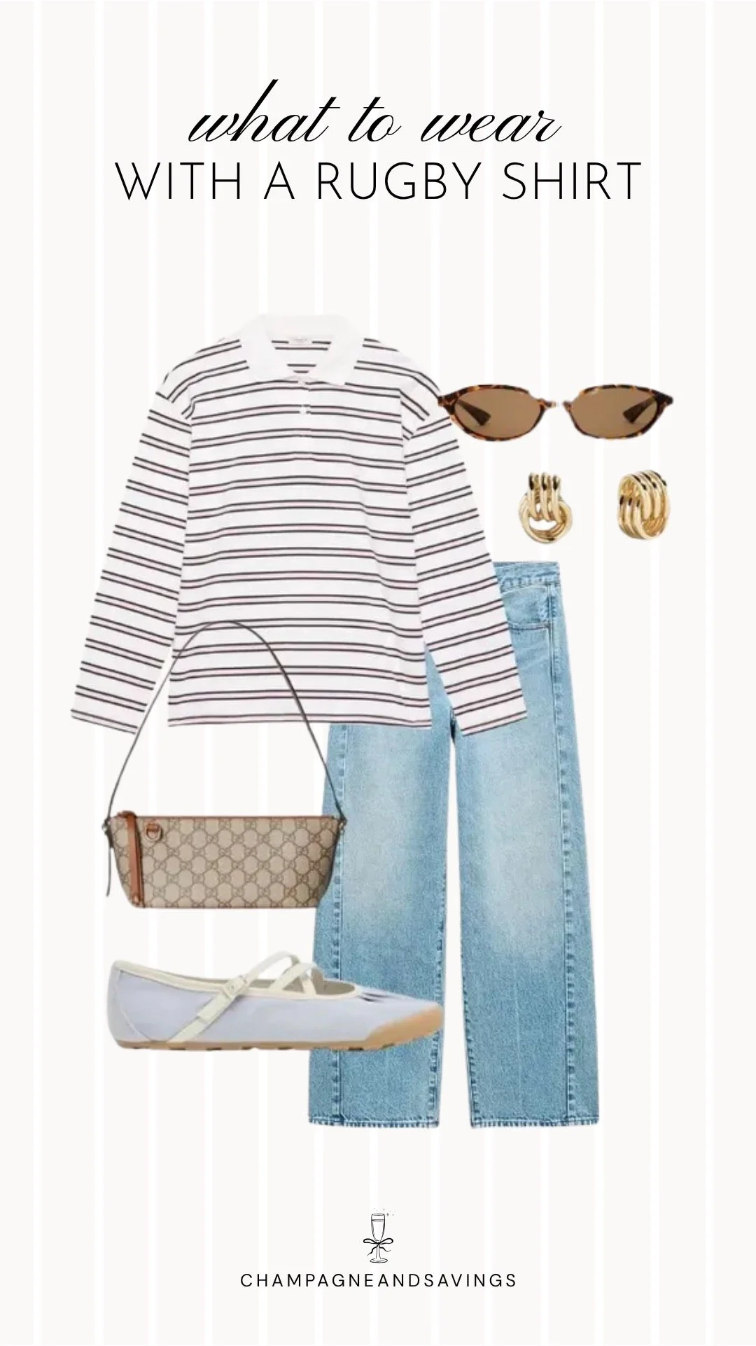 A trendy rugby shirt outfit featuring a classic rugby shirt paired with wide leg jeans and Mary Jane flats, creating a relaxed yet polished look with a touch of vintage-inspired charm.