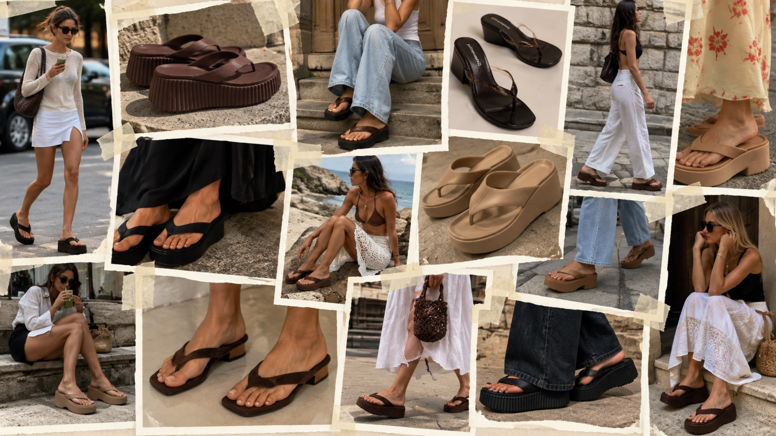Collage featuring platform flip-flops styled in trendy millennial-inspired outfits for 2027.