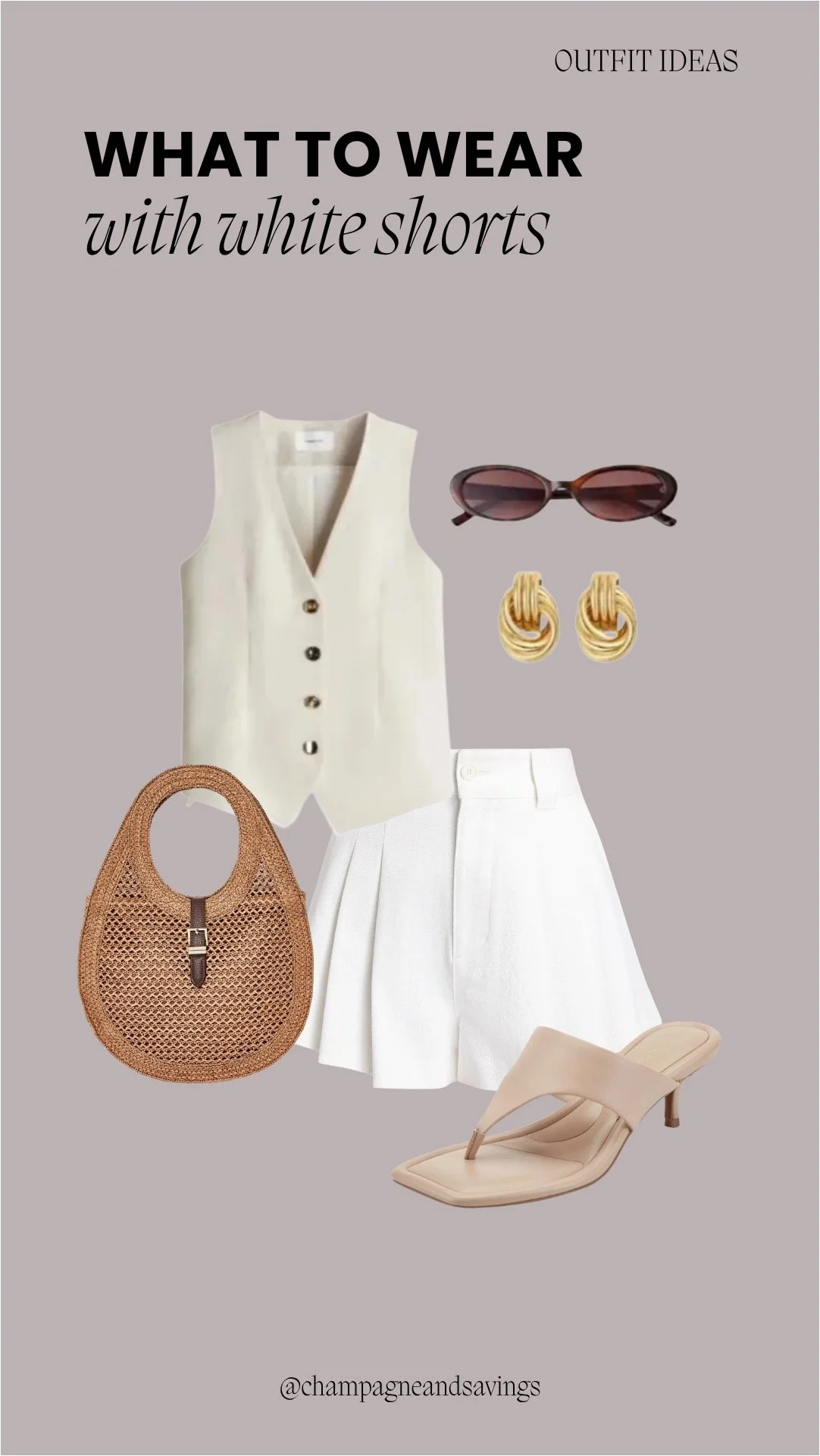 Collage of outfit pieces featuring white shorts styled with a linen vest and kitten heel sandals for a chic, tailored summer look.