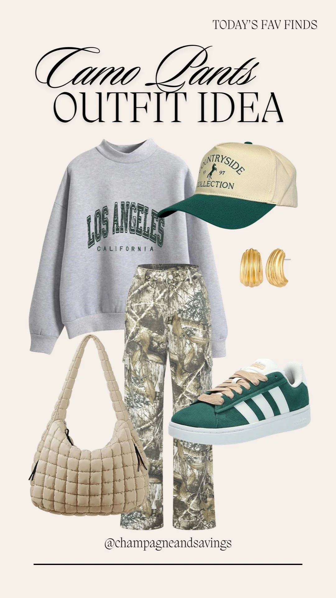 camo pants styled with a graphic sweatshirt, green adidas sneakers, trucker hat, chunky jewelry and quilted hobo bag