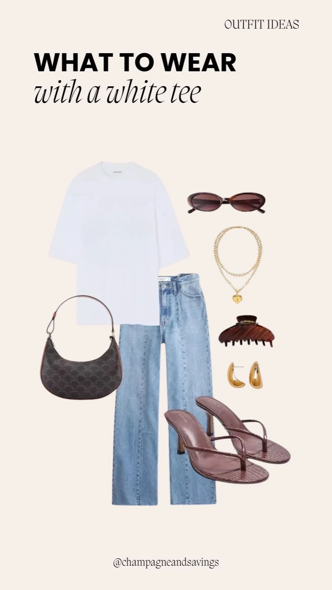 Oversized white t-shirt styled with jeans and heeled sandals for a relaxed yet chic and effortlessly elevated outfit.