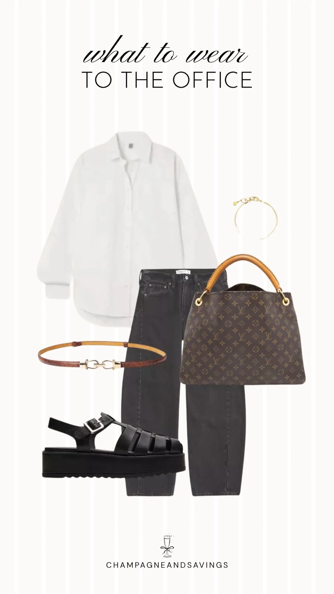 Collage of outfit pieces featuring an oversized white button down styled with black jeans and fisherman sandals for a relaxed yet polished summer office outfit idea when the office is freezing.