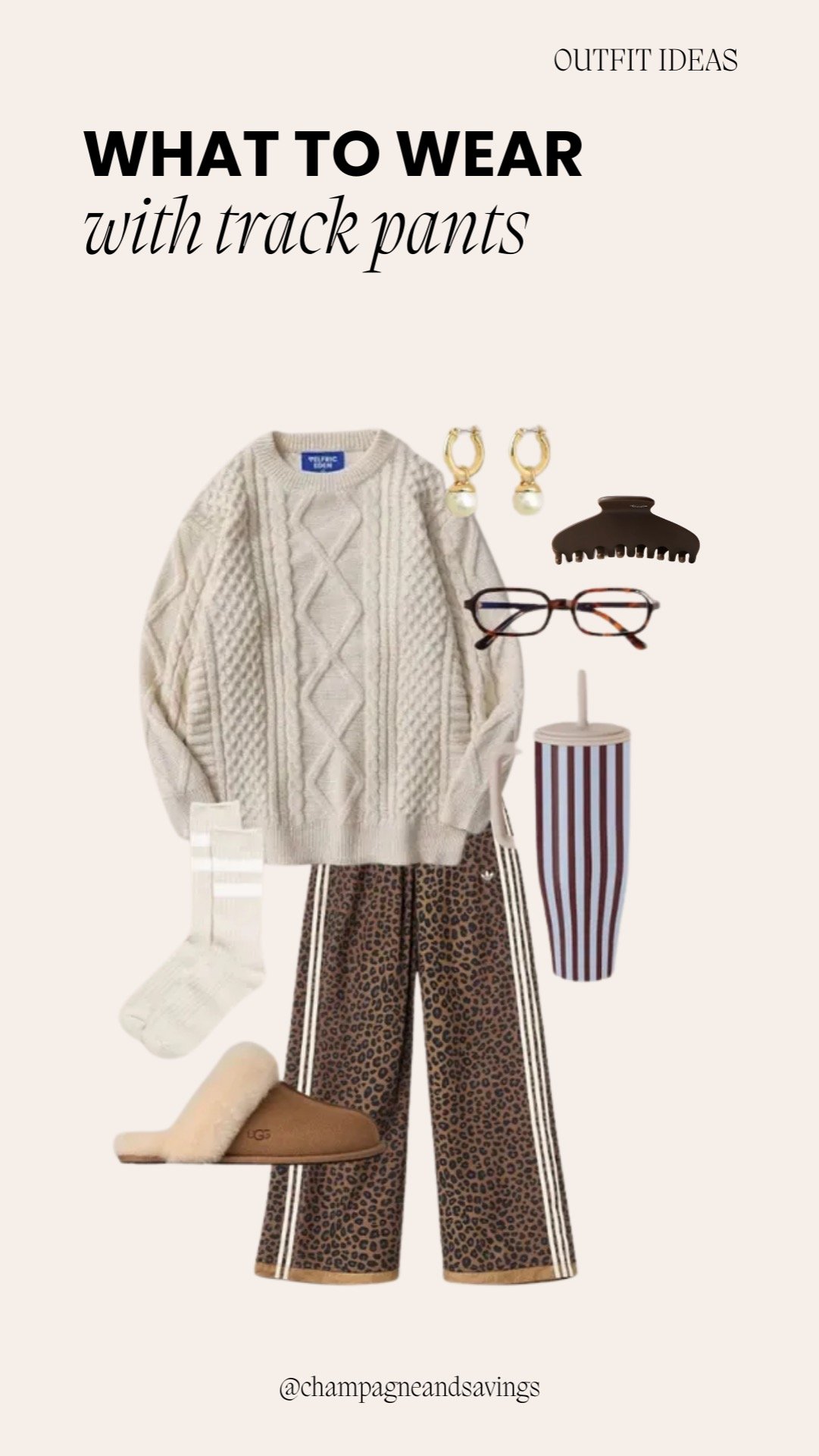 Collage of outfit pieces for a “Cozy Girl” leopard track pants look, featuring leopard print track pants paired with soft knit layers and casual accessories, styled in a sporty yet cozy aesthetic.