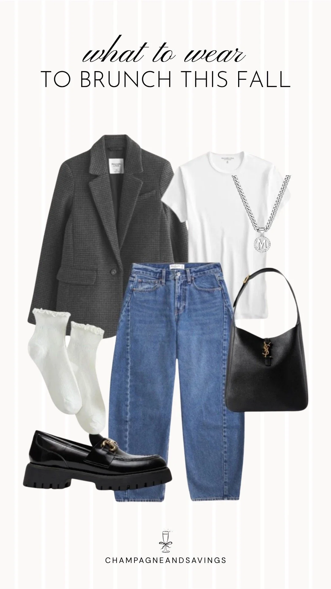 Collage of outfit pieces featuring a houndstooth blazer layered over a white tee with barrel jeans for a polished and casual fall brunch outfit idea.