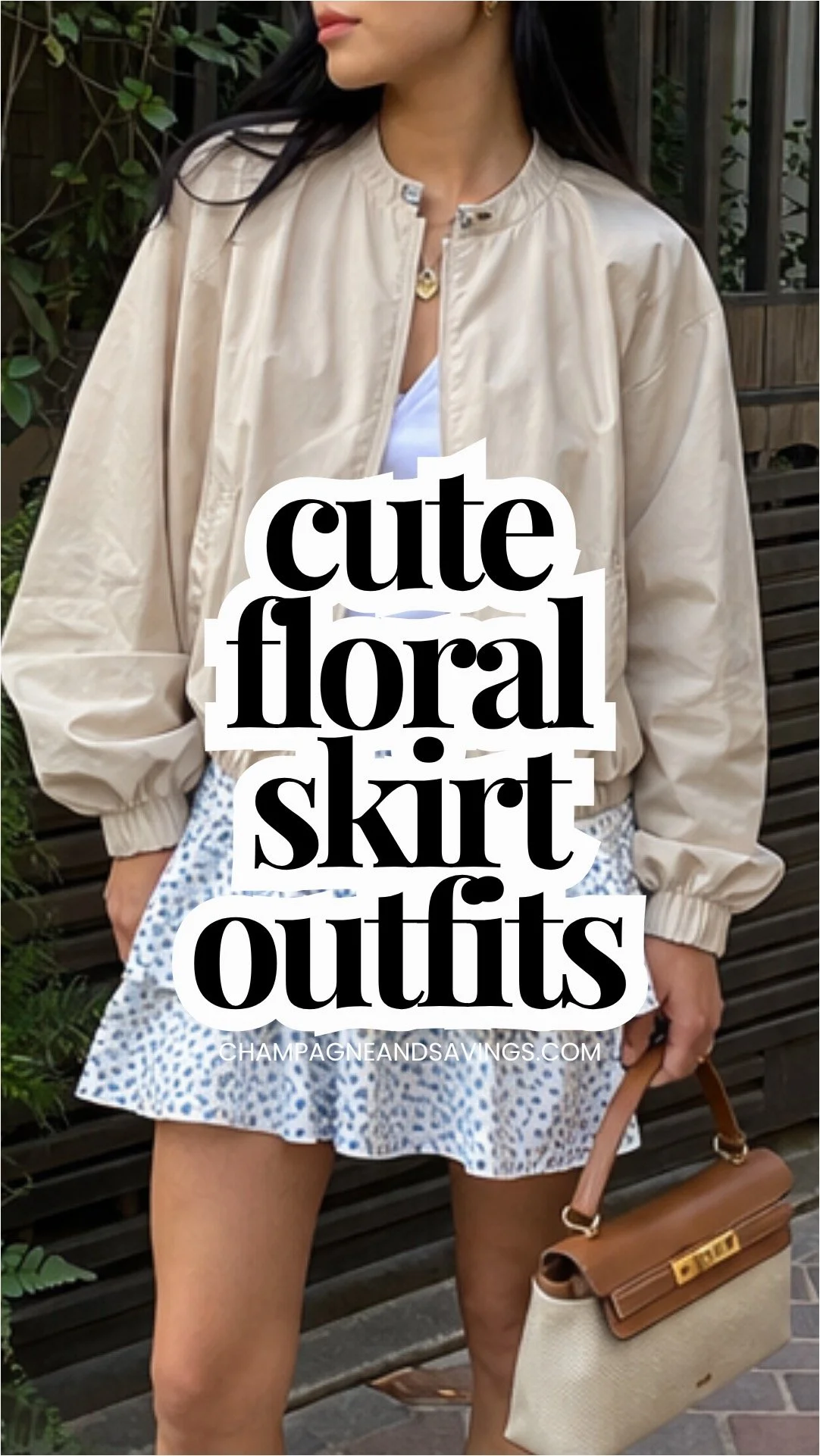 Image that says cute floral skirt outfits and has a girl in the background in a styled outfit.