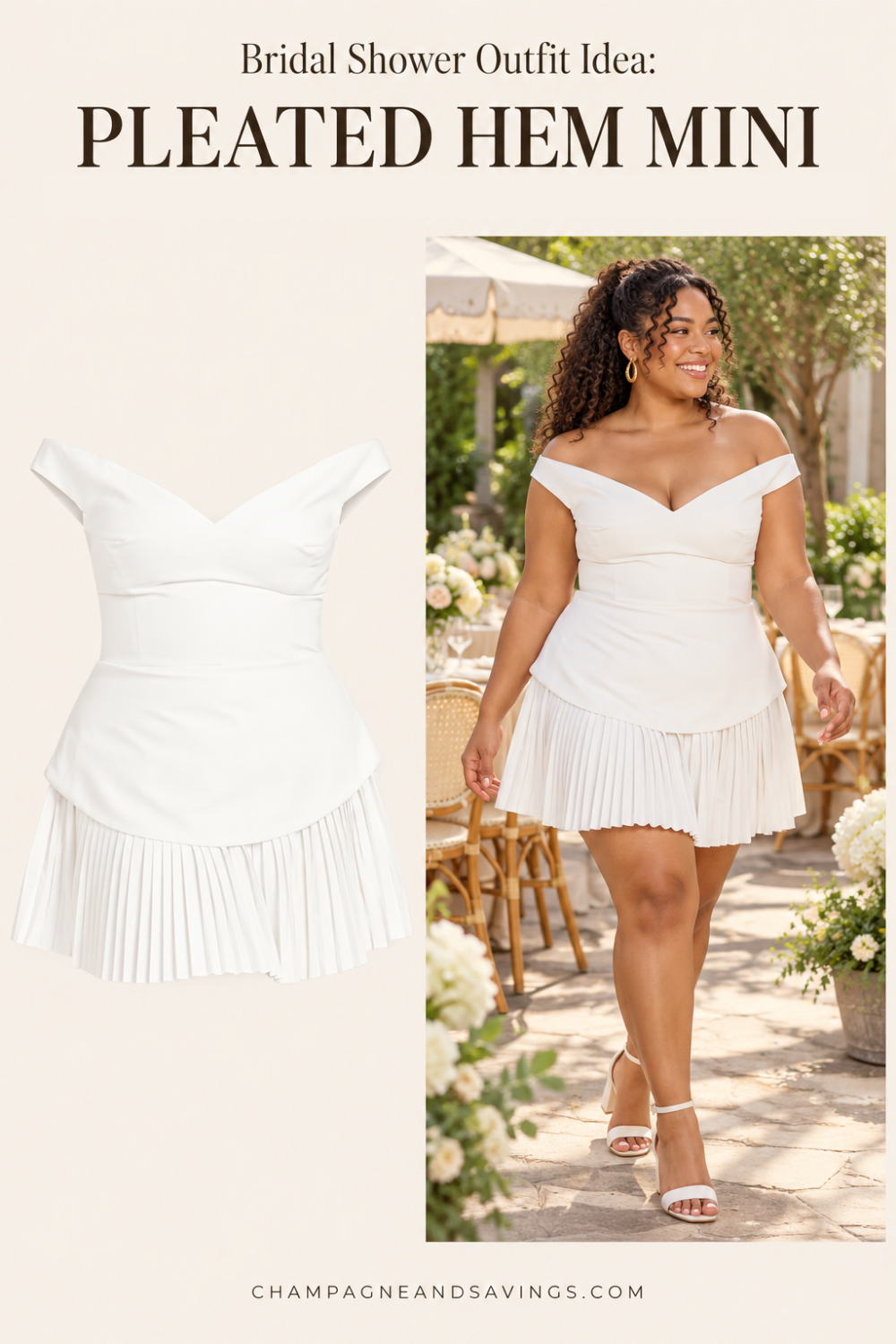 Trendy bridal shower outfit idea featuring a white off-the-shoulder pleated mini dress, shown alongside a styled bridal look for the bride-to-be.