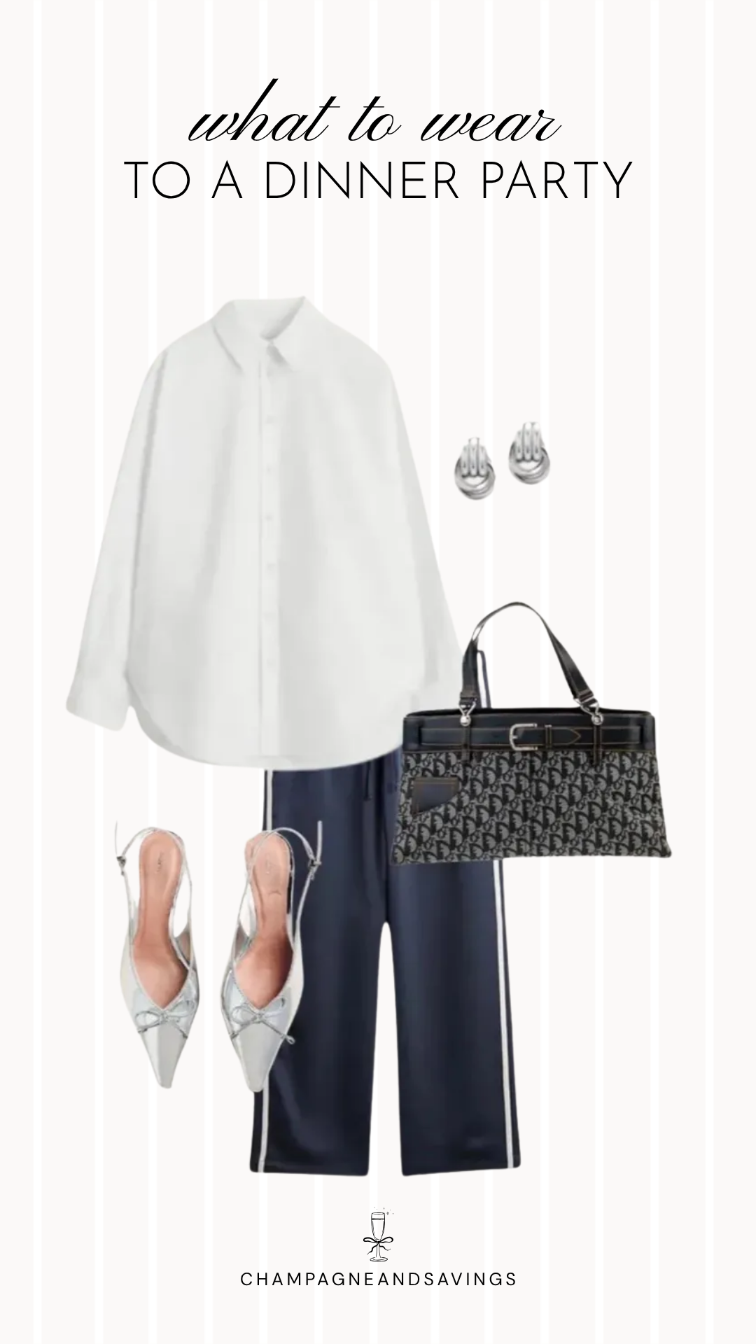 A dinner party outfit idea featuring a crisp white button-down shirt paired with striped track pants for a polished yet relaxed fall look that blends tailored style with sporty details.