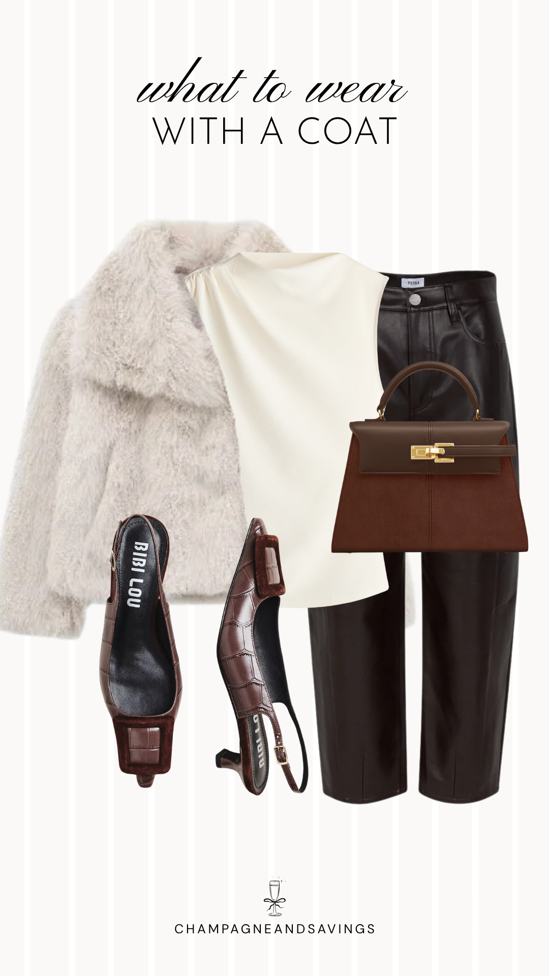 Coat styling idea featuring a cream top paired with leather pants and a fuzzy coat, shown in a fall fashion collage with coordinated outfit pieces for a cozy and elevated layered look.
