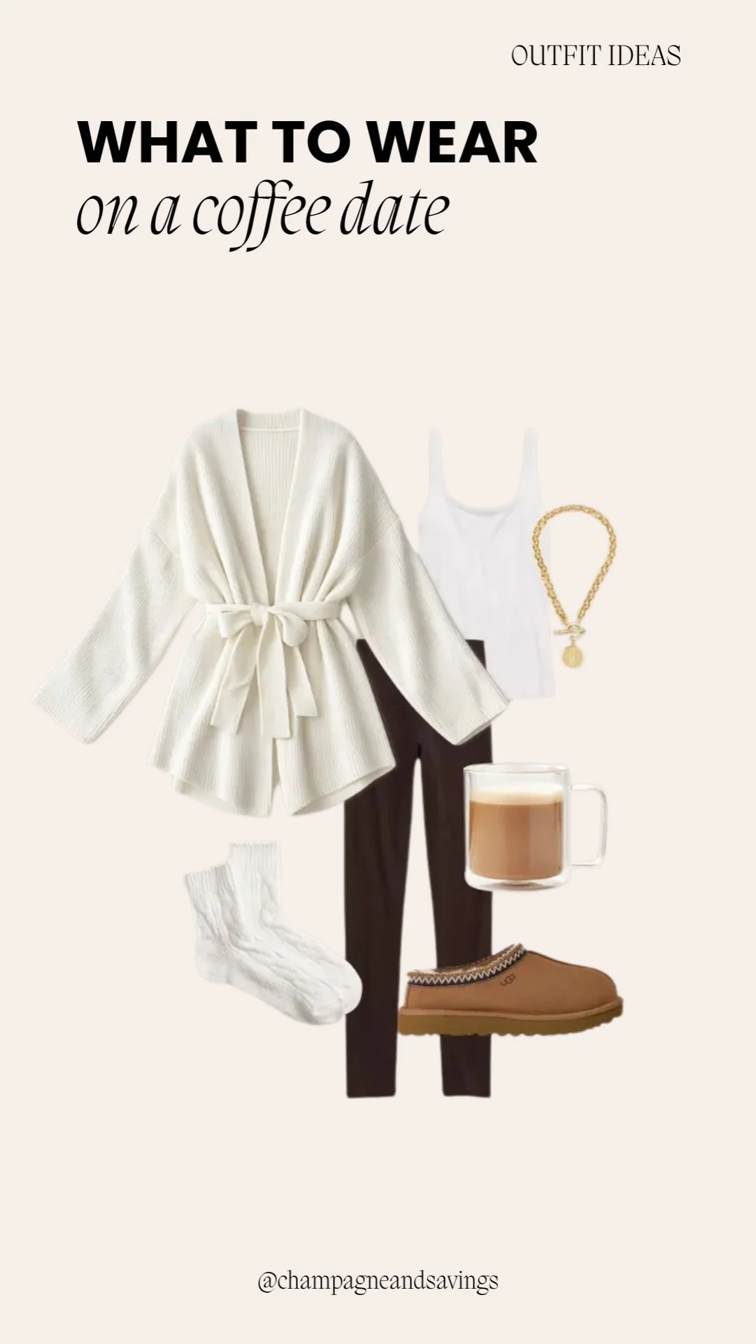 Coffee date outfit ideas collage featuring styled pieces including a cozy cream cardigan and UGG clogs for a warm, effortless café look