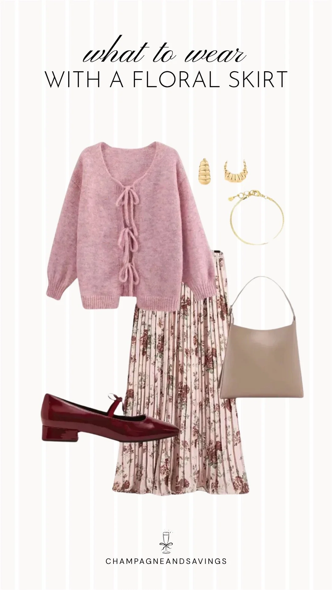 Collage of outfit pieces featuring a floral skirt styled with a bow cardigan and Mary Janes for a soft, feminine outfit