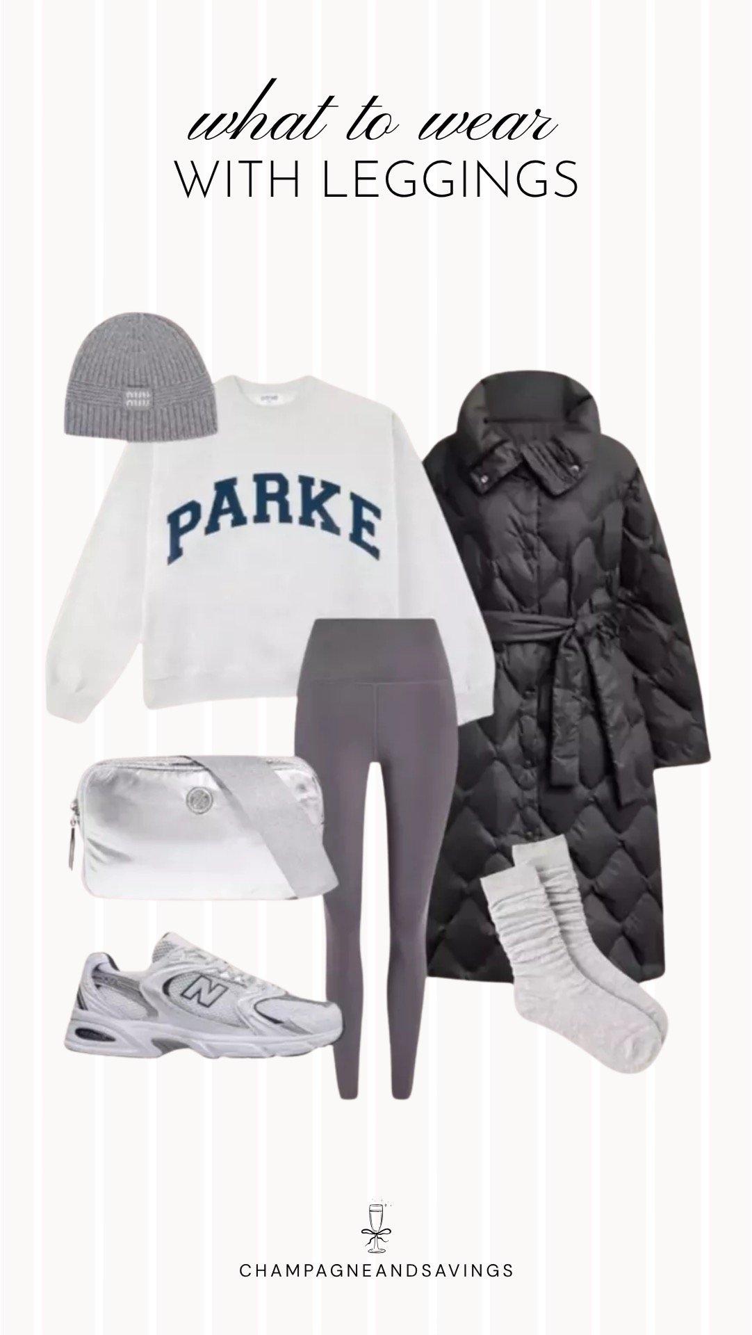 Collage of outfit pieces featuring black leggings styled with a graphic sweatshirt and a long puffer coat for a cozy and casual cold-weather outfit.