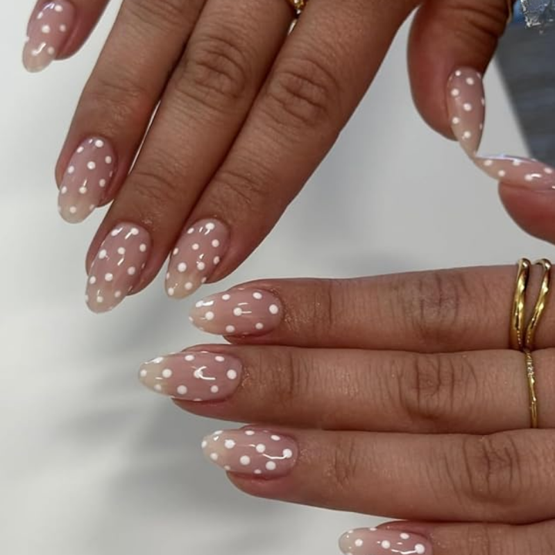 Fall chrome nail idea featuring pearl chrome polka dots